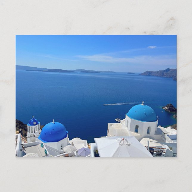 Santorini Greece Blue Domed Church Photograph Vykort (Framsida)