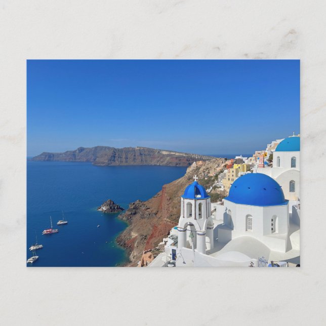 Santorini Greece Blue Domed Church Photograph Vykort (Framsida)