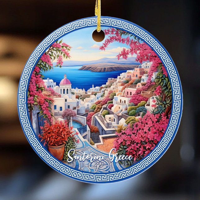 Santorini Greece Bougainvillea Painting Travel Art Julgransprydnad Keramik (Santorini Greece Bougainvillea Painting Travel Art Ceramic Ornament)
