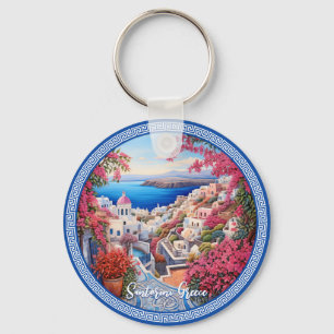 Santorini Greece Bougainvillea Painting Travel Nyckelring