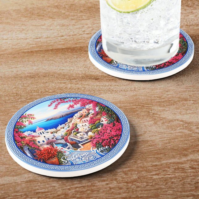 Santorini Greece Bougainvillea Painting Travel Underlägg (Santorini Greece Bougainvillea Painting Travel Coaster)
