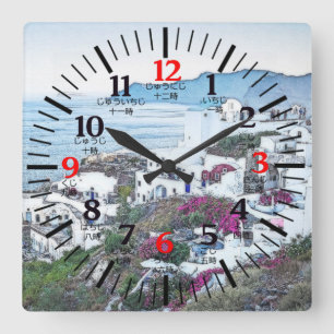 Santorini, Greece Clock på engelska och japanska Fyrkantig Klocka