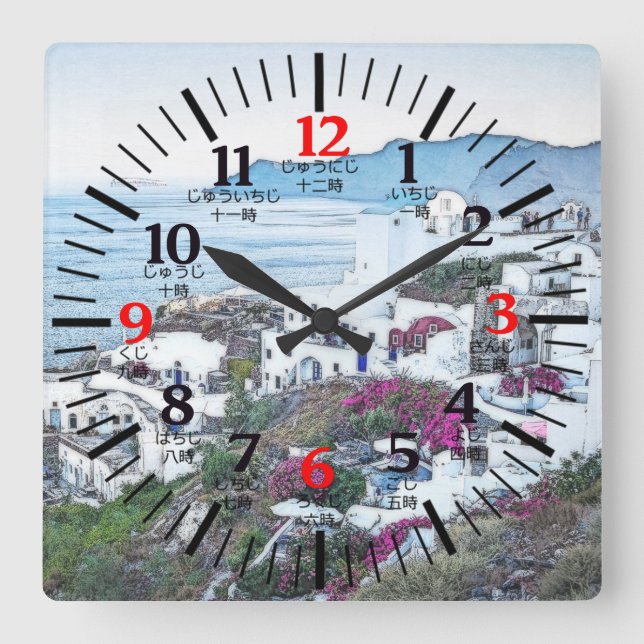 Santorini, Greece Clock på engelska och japanska Fyrkantig Klocka (Framsida)