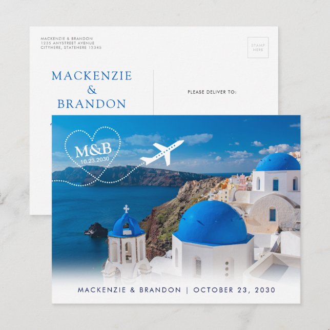 Santorini Greece Destination Wedding Save the Date Meddelande Vykort (Fram/baksida)
