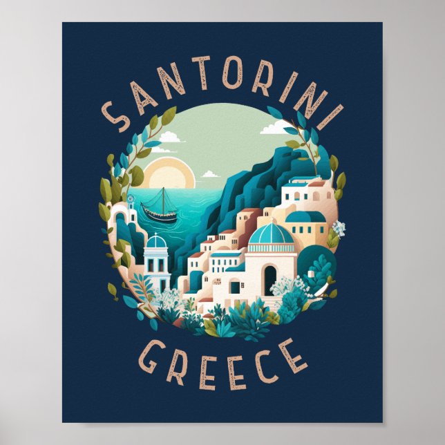 Santorini Greece Distress Circle Poster (Framsidan)