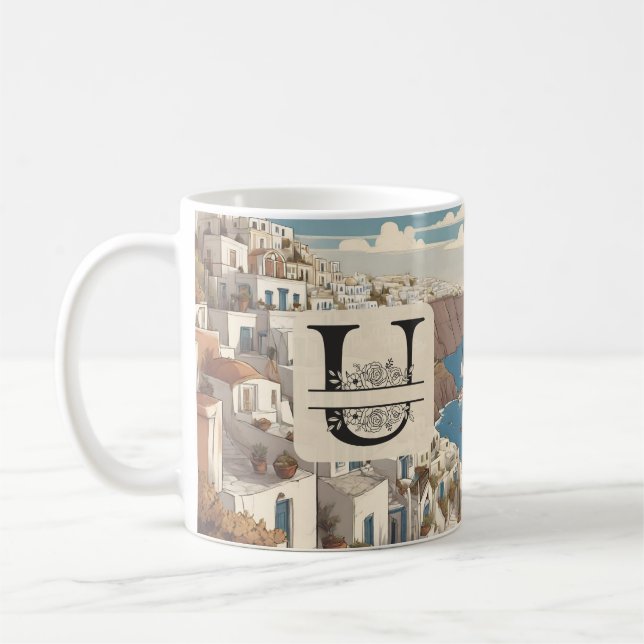 Santorini greece greek ömonogram resblått kaffemugg (Vänster)