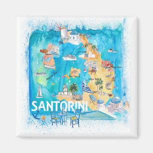 Santorini Greece Illustrated Karta med huvudvägar Magnet