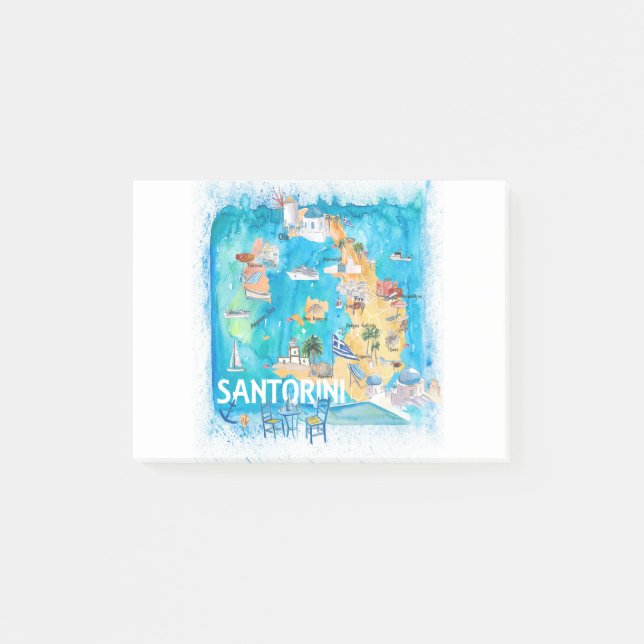 Santorini Greece Illustrated Karta med huvudvägar Post-it Block (Framsida)