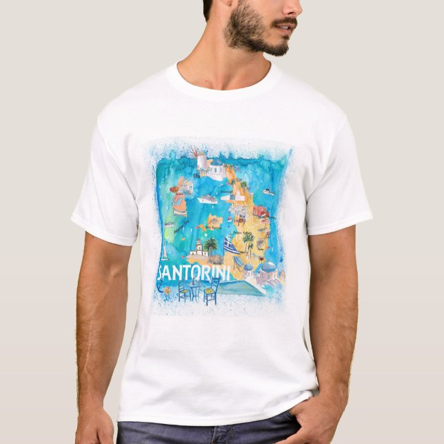 Santorini Greece Illustrated Karta med huvudvägar T Shirt (Framsida)