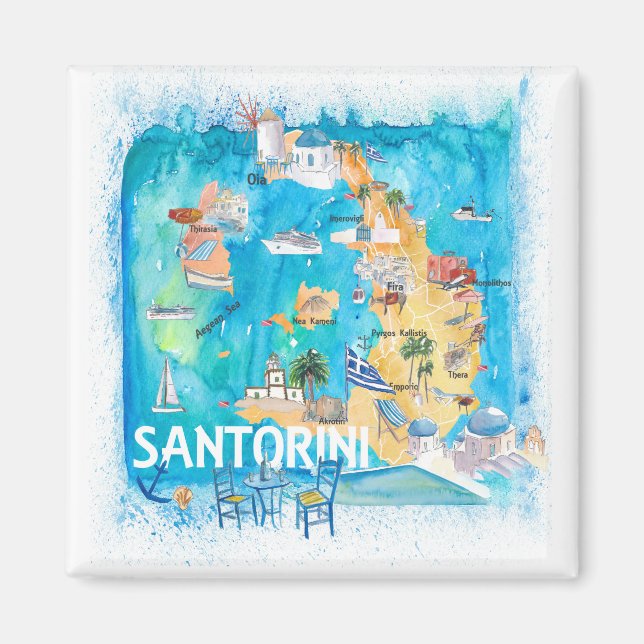 Santorini Greece Illustrated Karta med huvudvägarn Magnet (Framsidan)