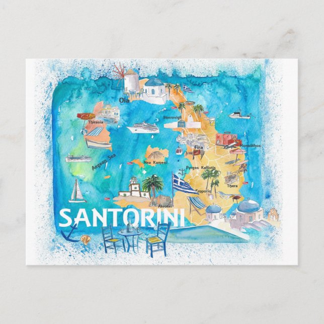 Santorini Greece Illustrated Karta med huvudvägarn Vykort (Framsida)