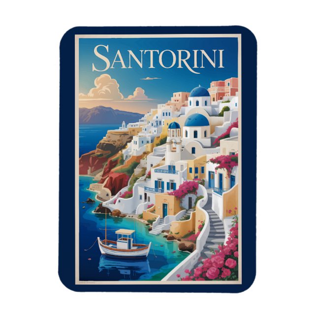 Santorini Greece Illustration Travel Art Vintage Magnet (Vertikal)