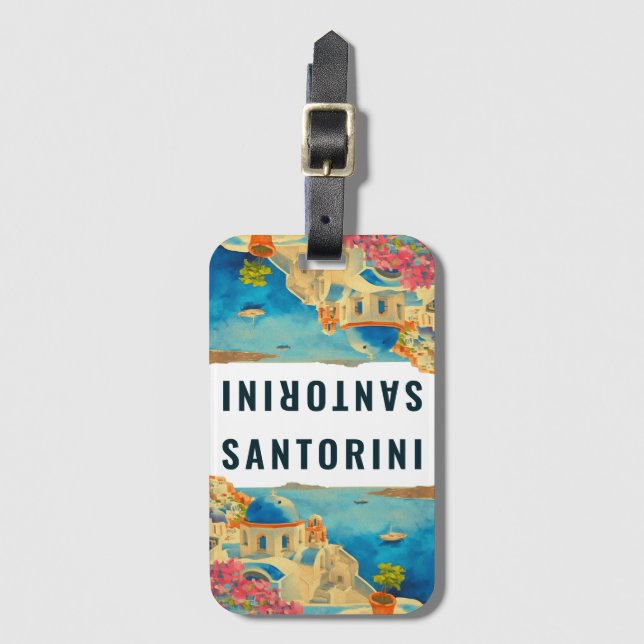 Santorini Greece Island Watercolor Travel Souvenir Bagagebricka (Framsida vertikal)