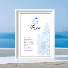 Santorini Greece Ligcape Blue Watercolor Bröllop Bordsnummer