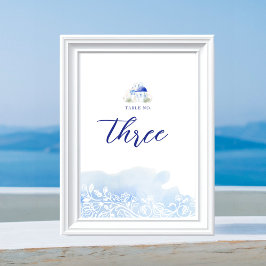 Santorini Greece Ligcape Blue Watercolor Bröllop Bordsnummer