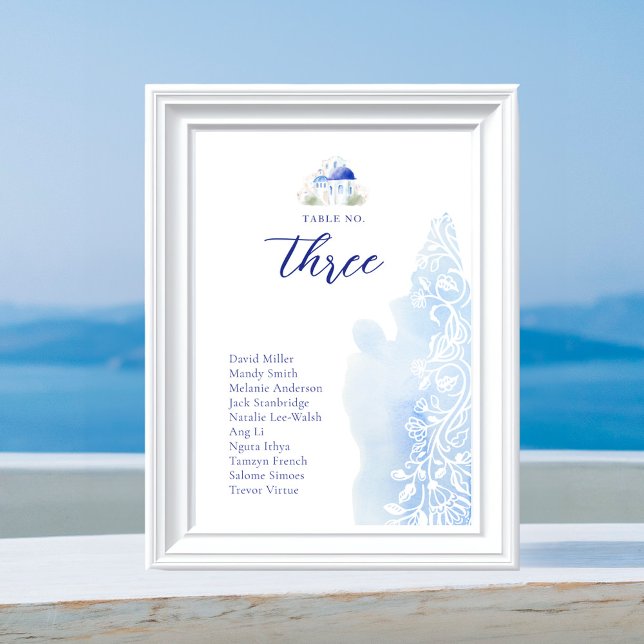 Santorini Greece Ligcape Blue Watercolor Bröllop Bordsnummer (Santorini Greece Landscape Blue Watercolor Wedding Table Number)