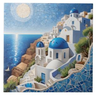 Santorini Greece Mixed Media Mosaic - Grekiska ön Kakelplatta