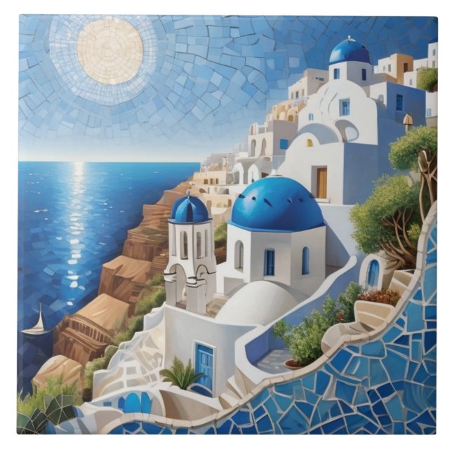Santorini Greece Mixed Media Mosaic - Grekiska ön Kakelplatta (Framsidan)