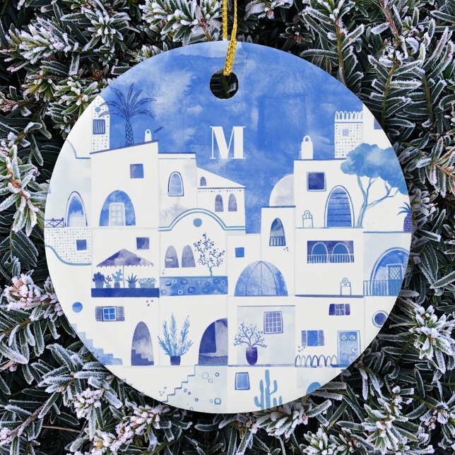 Santorini Greece Monogram Watercolor Julgransprydnad Keramik (Monogram initial Santorini blue and white watercolor art ceramic ornament)