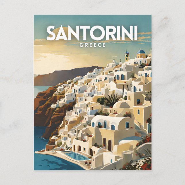 Santorini Greece Nostalgic Retro Travel Art Vykort (Framsida)