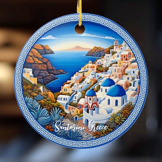 Santorini Greece ön Painting | Resekonst Julgransprydnad Keramik (Santorini Greece Island Painting | Travel Art Ceramic Ornament)