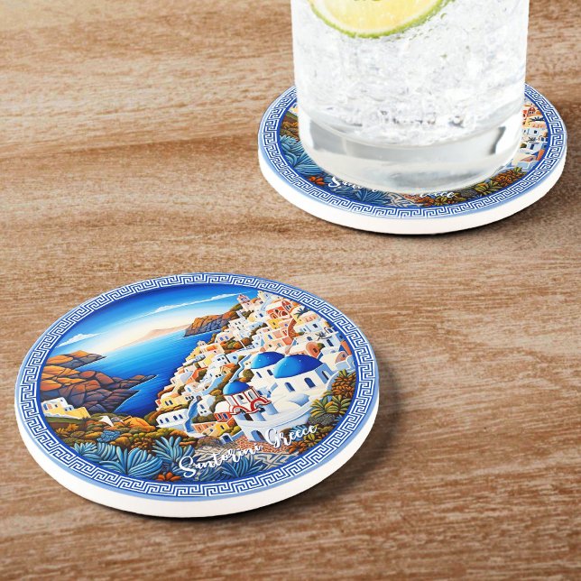 Santorini Greece ön Painting | Resekonst Underlägg (Santorini Greece Island Painting | Travel Art Coaster)