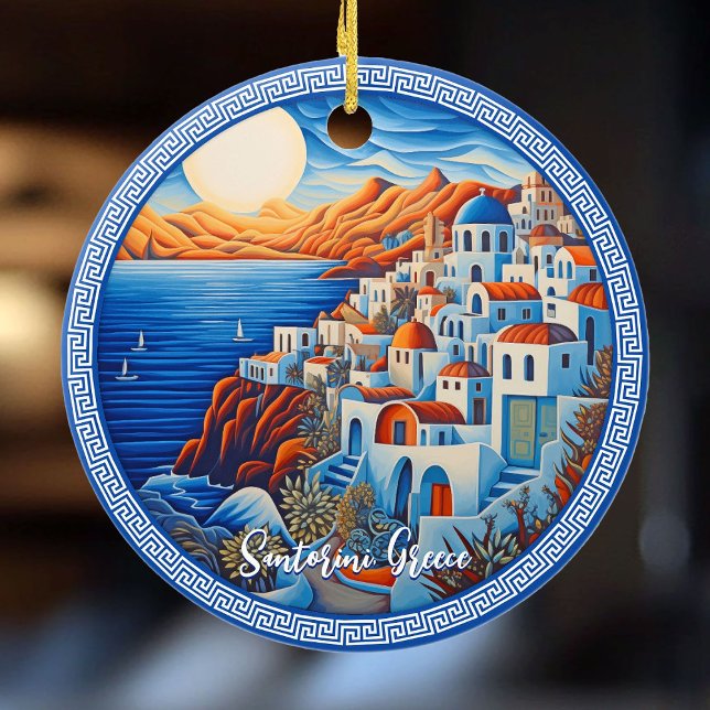 Santorini Greece Painting | Resekonst Julgransprydnad Keramik (Santorini Greece Painting | Travel Art Ceramic Ornament)