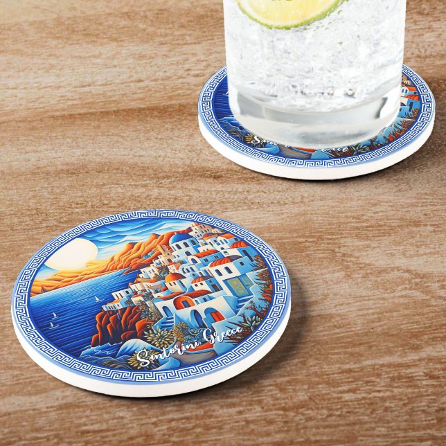 Santorini Greece Painting | Resekonst Underlägg (Santorini Greece Painting | Travel Art Coaster)