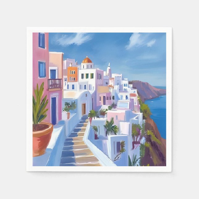 Santorini Greece Painting Watercolor Travel Pappersservett (Framsidan)