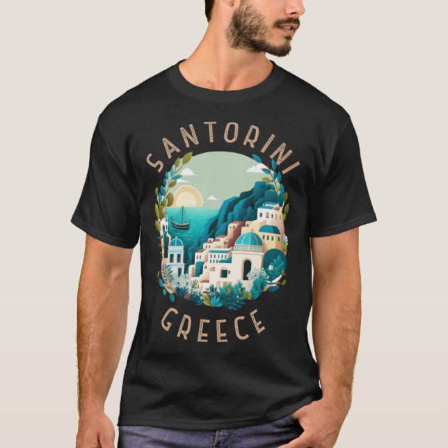 Santorini Greece Retro Distressed Circle T Shirt (Framsida)