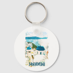 Santorini Greece Travel Watercolor Nyckelring