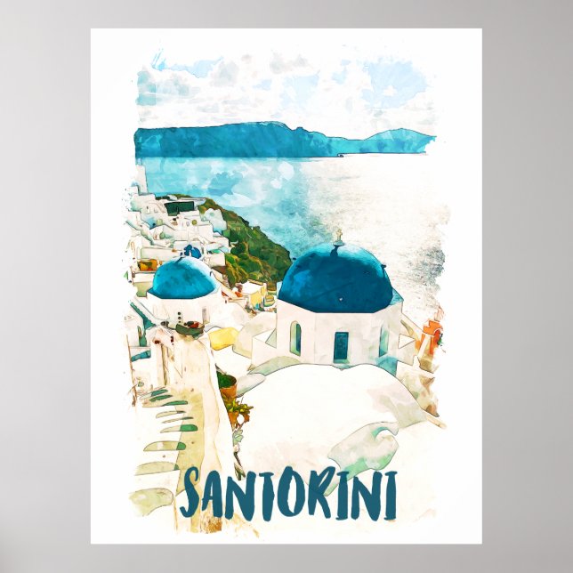 Santorini Greece Travel Watercolor Poster (Framsidan)