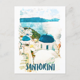 Santorini Greece Travel Watercolor Vykort