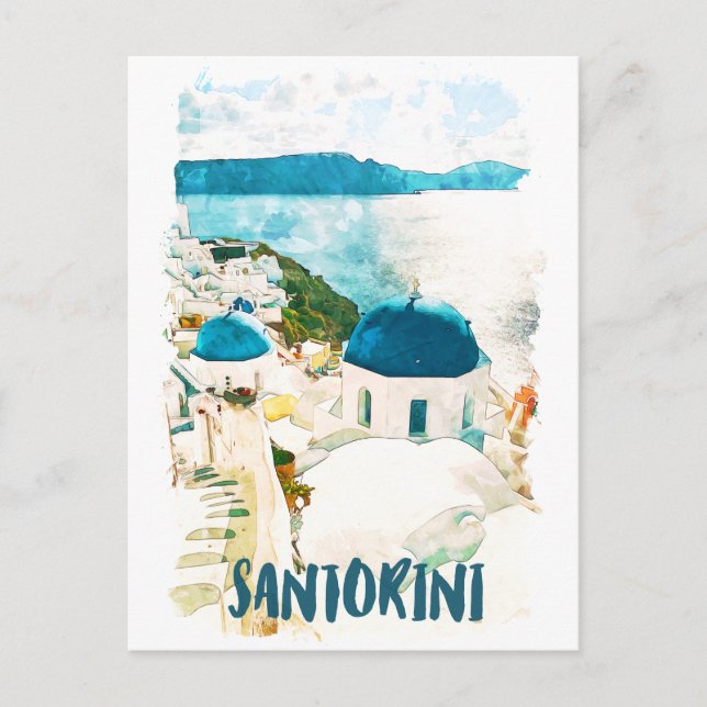 Santorini Greece Travel Watercolor Vykort (Framsida)