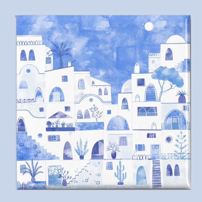 Santorini Greece Watercolor Art Blue and White Magnet (Santorini Oia Greece blue and white watercolor art magnet)