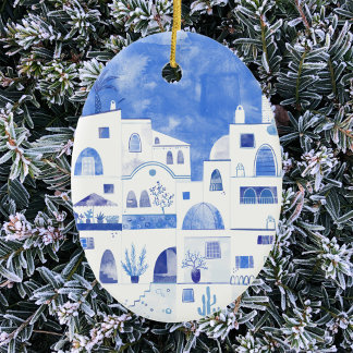 Santorini Greece Watercolor Ceramic Ornament