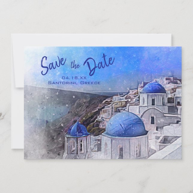 Santorini Greece Watercolor Destination Wedding Spara Datumet (Framsida)