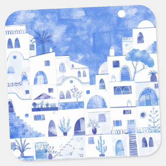 Santorini Greece Watercolor Fyrkantigt Klistermärke