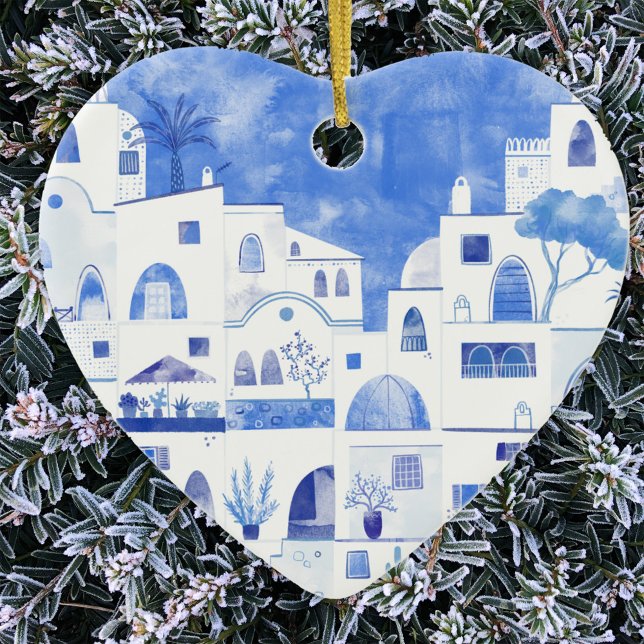 Santorini Greece Watercolor Julgransprydnad Keramik (Santorini blue and white watercolor art Christmas ornament)