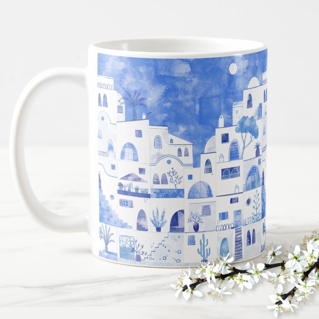 Santorini Greece Watercolor Kaffemugg (Santorini blue and white watercolor painting on a coffee mug)