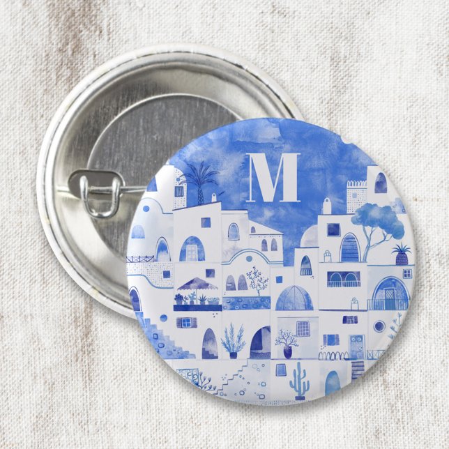 Santorini Greece Watercolor Monogram Knapp (Monogram initial blue and white watercolor Oia Santorini button)