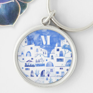 Santorini Greece Watercolor Monogram Rund Silverfärgad Nyckelring