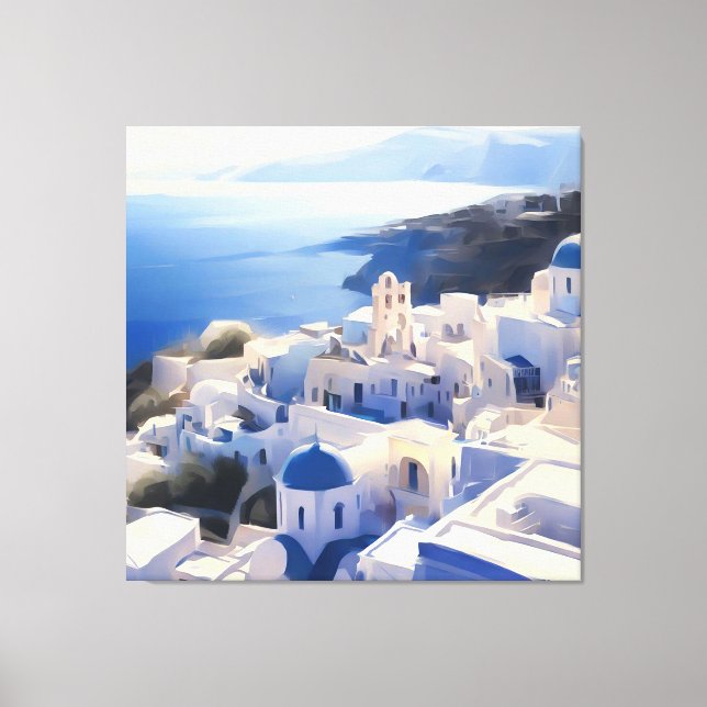Santorini Greece Watercolor Painting Canvastryck (Framsida)