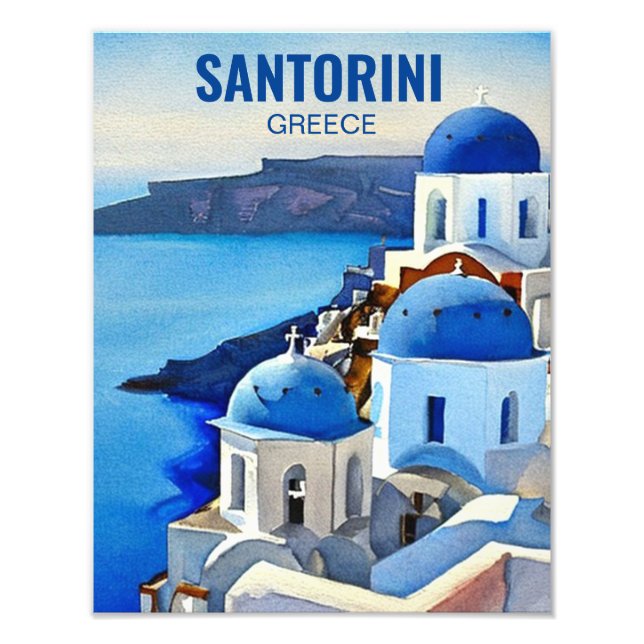 Santorini Greece Watercolor Painting Fototryck (Framsidan)