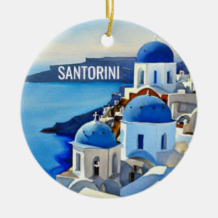 Santorini Greece Watercolor Painting Julgransprydnad Keramik