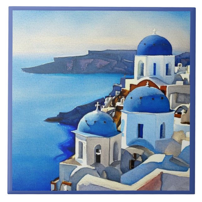 Santorini Greece Watercolor Painting Kakelplatta (Framsidan)