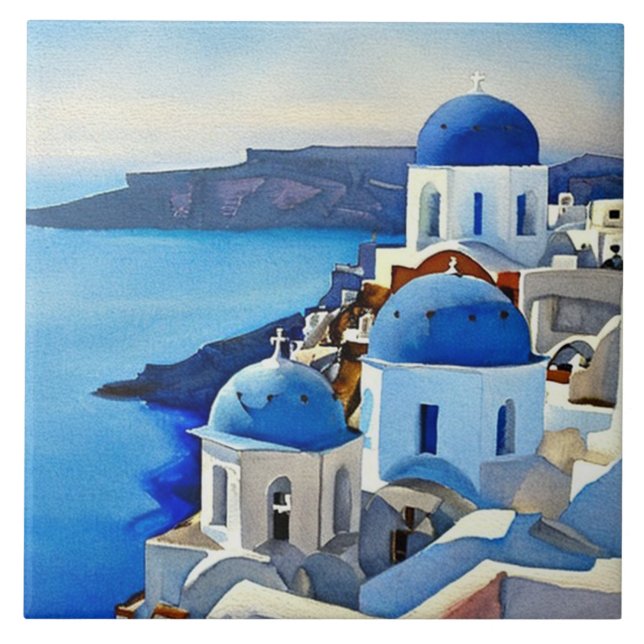 Santorini Greece Watercolor Painting Kakelplatta (Framsidan)