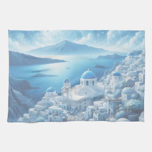Santorini Greece Watercolor Painting Kökshandduk (Horisontell)