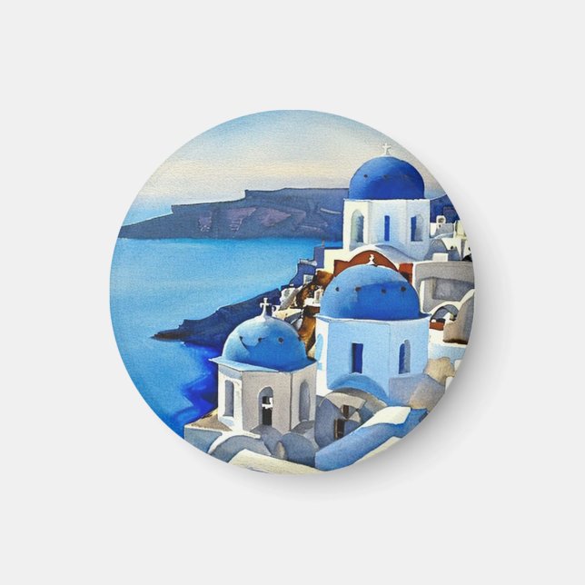 Santorini Greece Watercolor Painting Magnet (Framsidan)