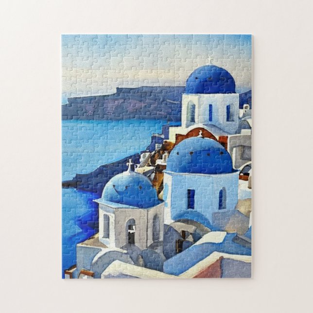 Santorini Greece Watercolor Painting Pussel (Vertikal)